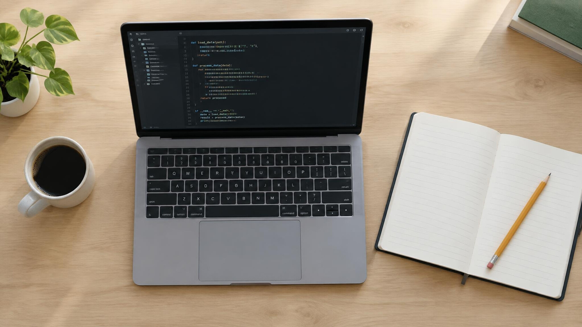 Laptop and notebook on a table with code visible
