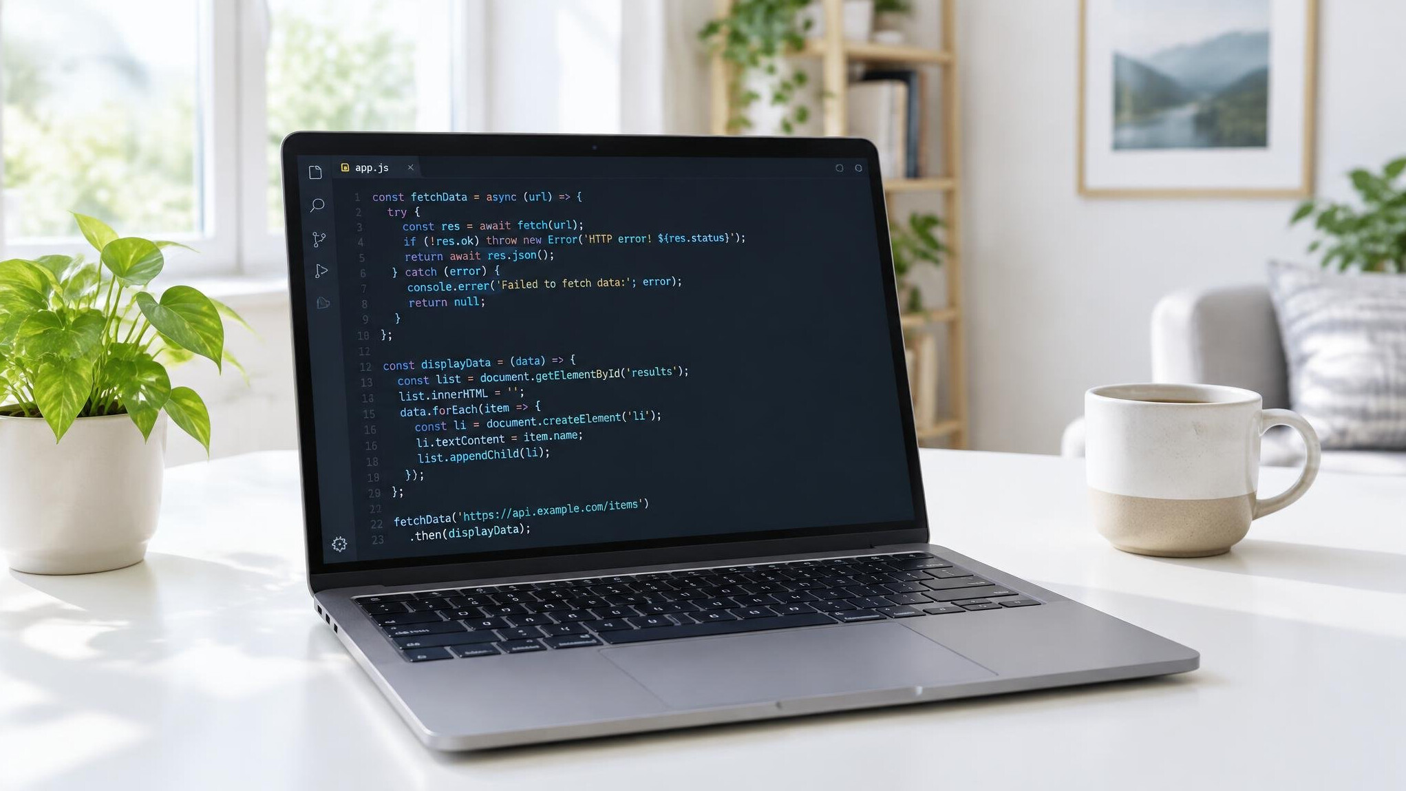 Laptop with JavaScript code on a table