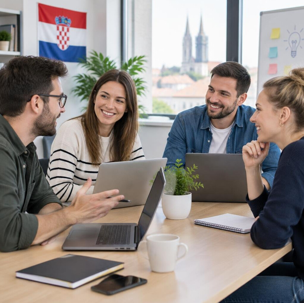 Group of colleagues discussing a project around a table